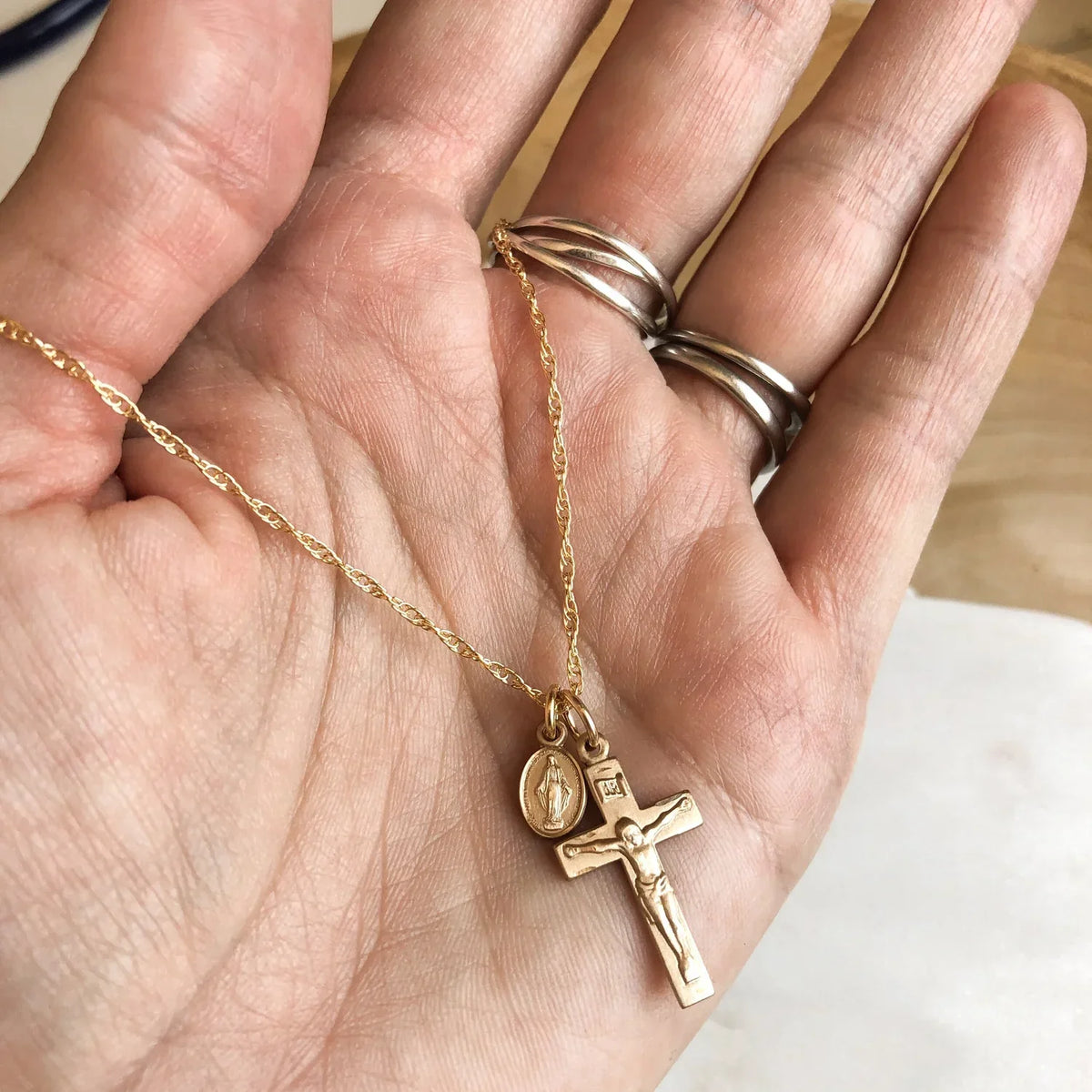 Gold Crucifix and Miraculous Medal Necklace - Telos Art
