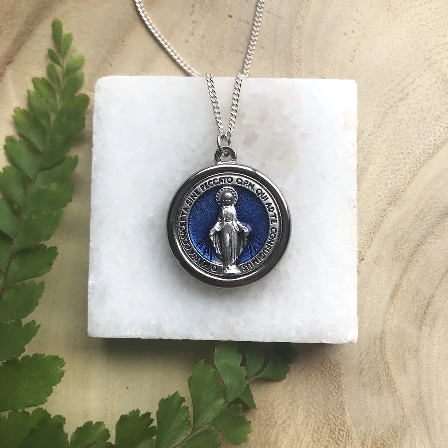 Blue and Silver Miraculous Medal Necklace