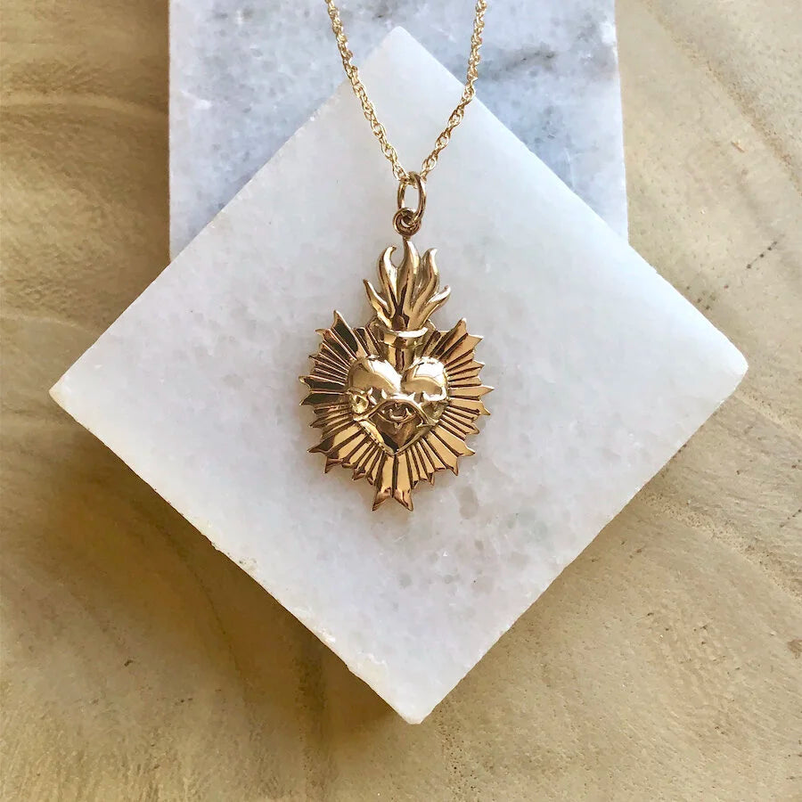 Yellow Bronze Sacred Heart of Jesus Necklace