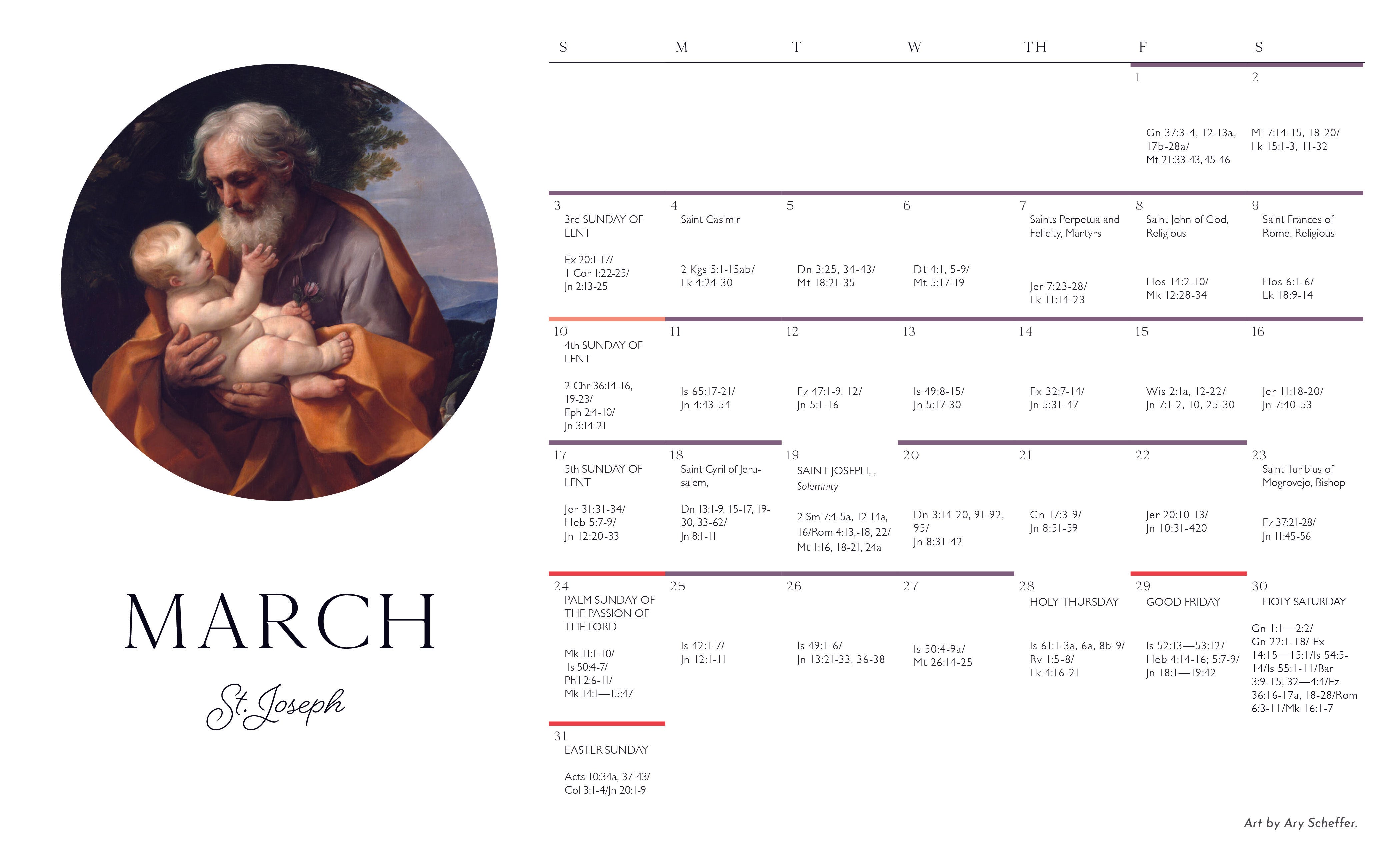 March 2024 Liturgical Calendar – Telos Art Catholic Jewelry