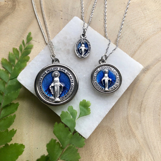 Blue and Silver Miraculous Medal Necklace