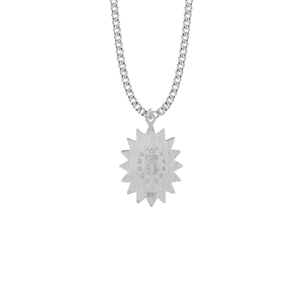 A silver necklace featuring a starburst-shaped pendant with a brushed metal texture and a small central emblem, suspended from a box chain on a plain white background.