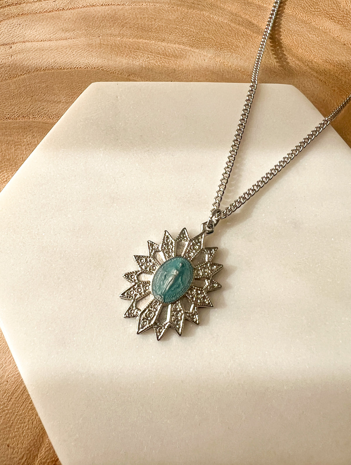 Starburst Filigree Miraculous Medal with Blue