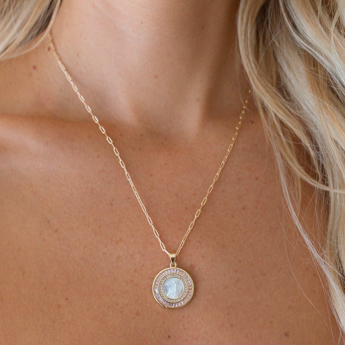 Bordered Pink Mother Mary Necklace
