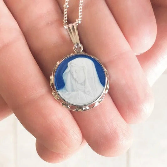 Dark Blue Our Lady of Sorrows Cameo Necklace