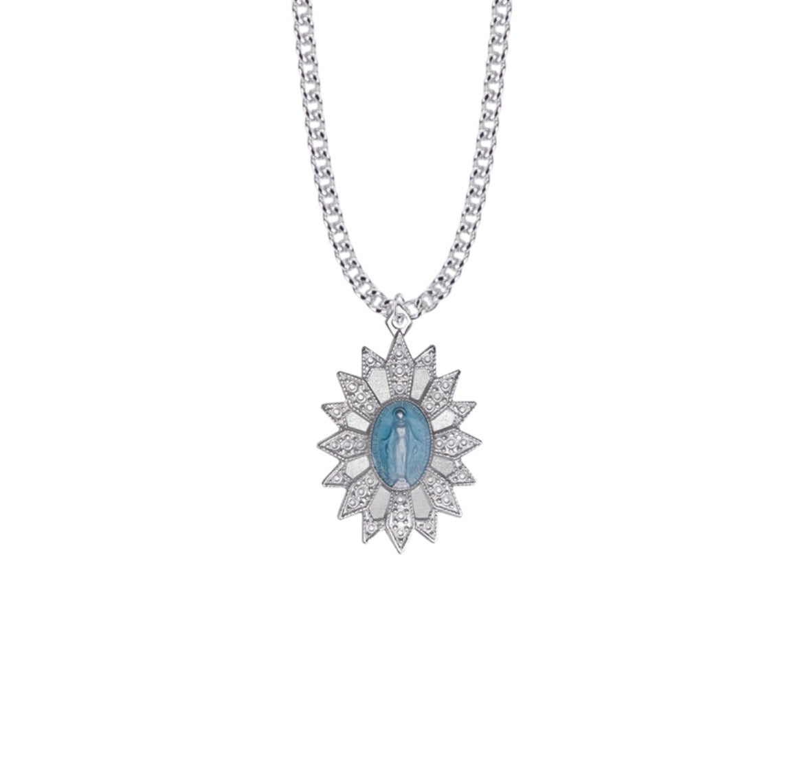 Silver-tone Miraculous Medal pendant necklace with a blue oval centerpiece and clear pavé accents, shown on a white background.